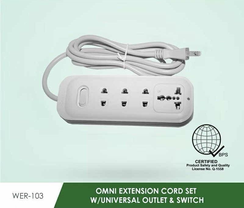 Omni Extension Cord Set WER-103 (Category: Electrical, Adaptors & Sockets) located in Manila. Submitted by oto-solar (Listing ID 1397293659, Image 2). Description: - Omni extension cord set - Universal outlets - With switch - Certified safe (Q-1558) - Multiple outlets - White cable - For various electrical devices.