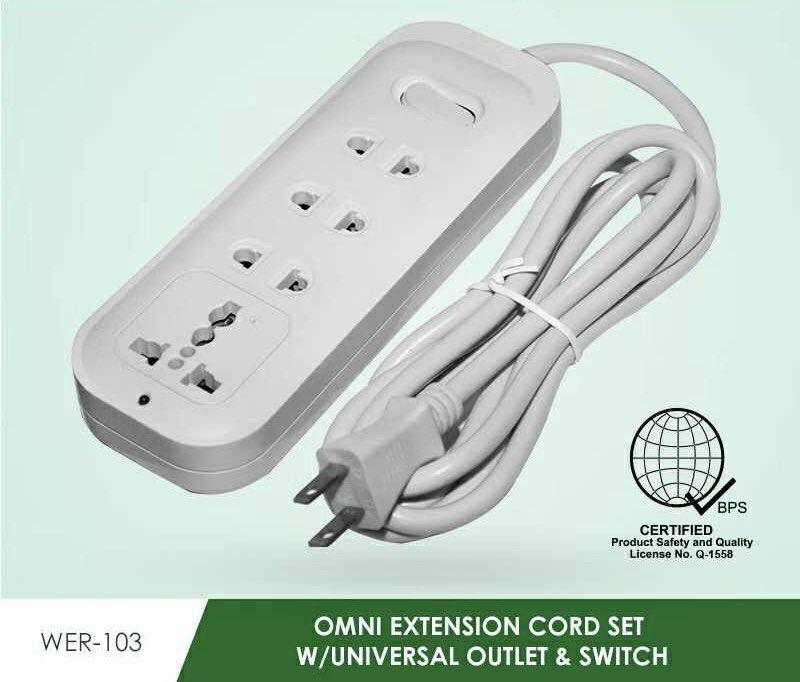 Omni Extension Cord Set WER-103 (Category: Electrical, Adaptors & Sockets) located in Manila. Submitted by oto-solar (Listing ID 1397293659, Image 1). Description: - Omni extension cord set - Universal outlets - With switch - Certified safe (Q-1558) - Multiple outlets - White cable - For various electrical devices.