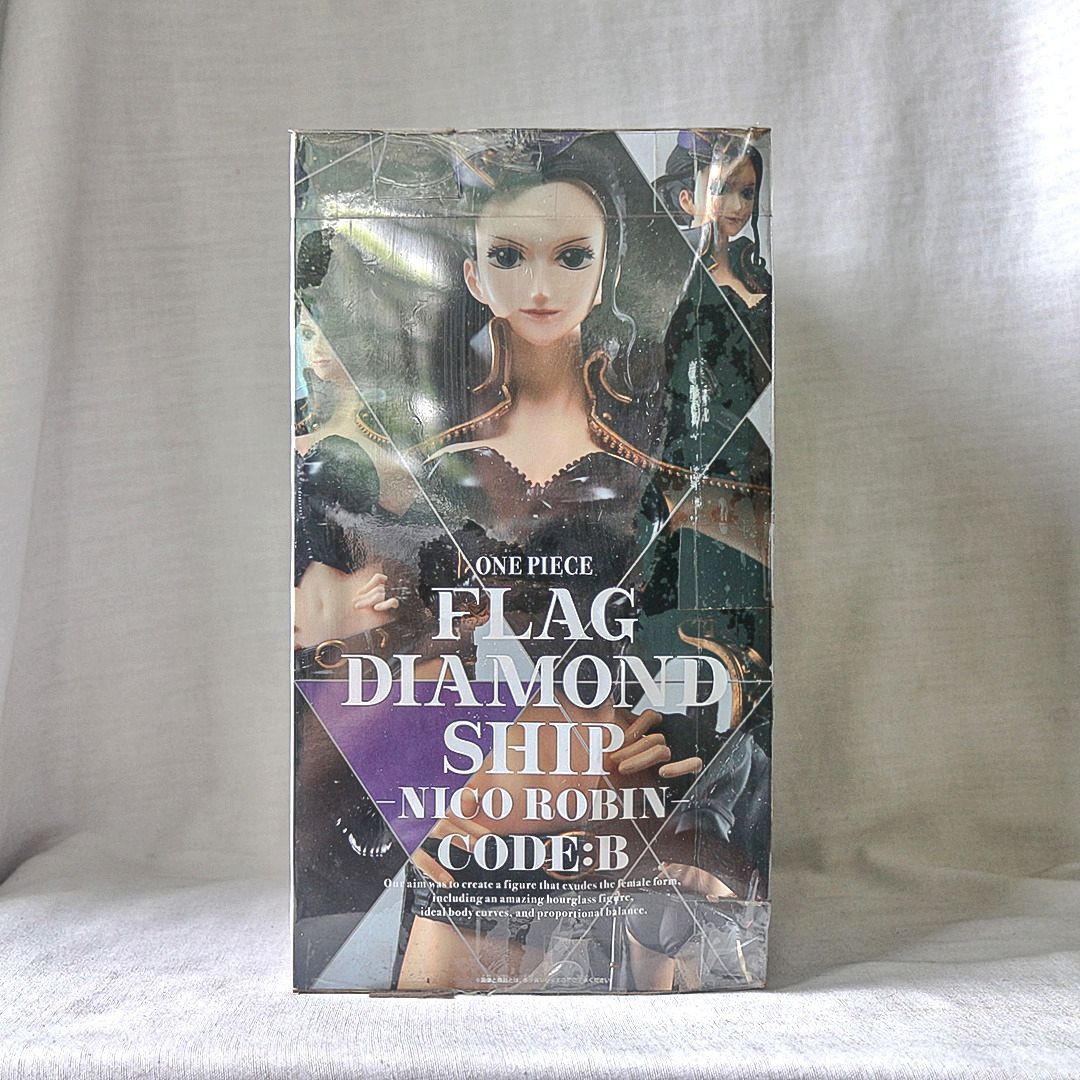 ONE PIECE - Nico Robin - FLAG DIAMOND SHIP "Code: B (Black) MISB/SEALED Banpresto (Category: Figurines & Statues) located in Cebu City. Submitted by newtype2501 (Listing ID 1397392138, Image 2). Description: ====================== + PRODUCT INFO/DETAILS + ====================== *Anime Reference: One Piece *Character: Nico Robin *Manufacturer: BANPRESTO *Material: PVC *Line/Type: Prize figue *Height: 9.75" inches tall *Box Condition: 7/10 *Figure 