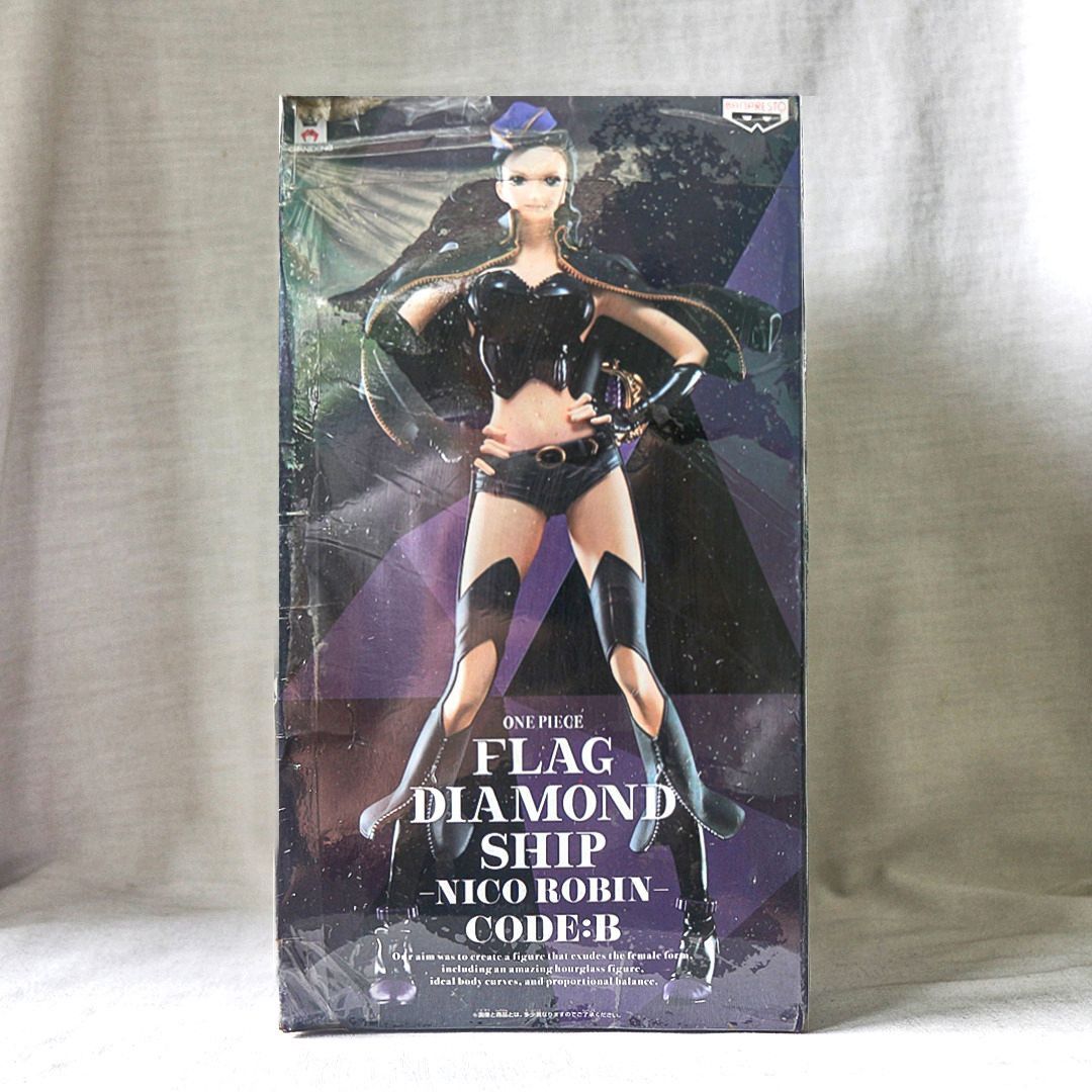 ONE PIECE - Nico Robin - FLAG DIAMOND SHIP "Code: B (Black) MISB/SEALED Banpresto (Category: Figurines & Statues) located in Cebu City. Submitted by newtype2501 (Listing ID 1397392138, Image 1). Description: ====================== + PRODUCT INFO/DETAILS + ====================== *Anime Reference: One Piece *Character: Nico Robin *Manufacturer: BANPRESTO *Material: PVC *Line/Type: Prize figue *Height: 9.75" inches tall *Box Condition: 7/10 *Figure 