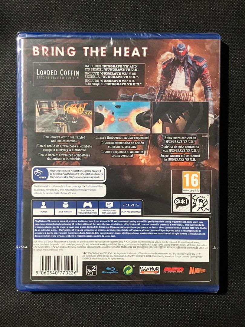 PS4 Gungrave VR R2 PAL EU (Category: PlayStation) located in Quezon City. Submitted by kurosu09 (Listing ID 1397290291, Image 2). Description: *Sealed* - Gungrave VR: Loaded Coffin Special Limited Edition for PlayStation 4 - Includes Gungrave VR and Gungrave VR U.N. - Features VR gameplay and intense first-person action. - Requires PlayStation VR and PlayStation Camera. - PEGI 16 rating. - Payment via bank transfer, GCash, Maya - Unfortunately do