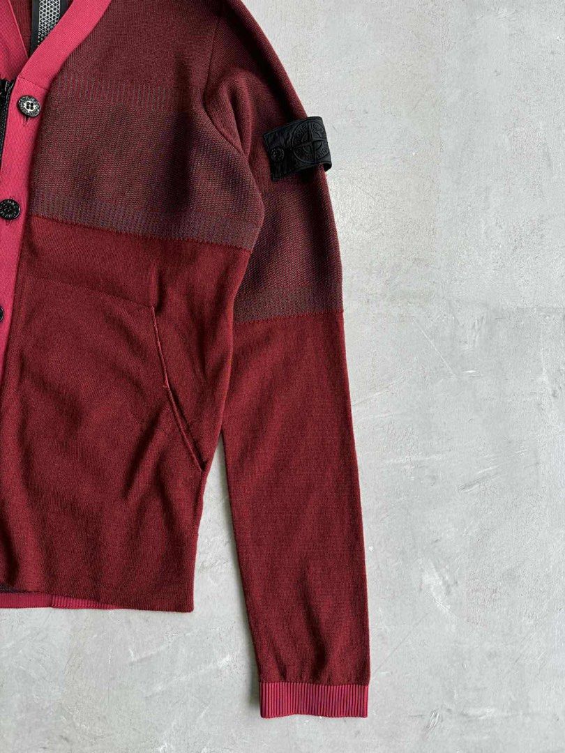 Stone Island Red Cardigan (Category: Activewear) located in Manila. Submitted by beyondarchives (Listing ID 1397282885, Image 3). Description: Size: Medium Width: 21 Length: 26 Sleeve: 27 Materials: Cotton Condition: 9/10 Issue: None.