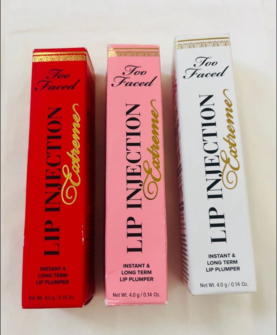 TOO FACED LIP INJECTION (Category: Makeup) located in San Juan City. Submitted by cashfrancefashioncosmetics_ph (Listing ID 1397276913, Image 1). Description: PER PIECE ‼️TOO FACED INJECTION EXTREME LIP PLUMPING 4g SHADE ORIGINAL 4slots BUBBLE YUM 1SLOT STRAWBERRY 6SLOTS .
