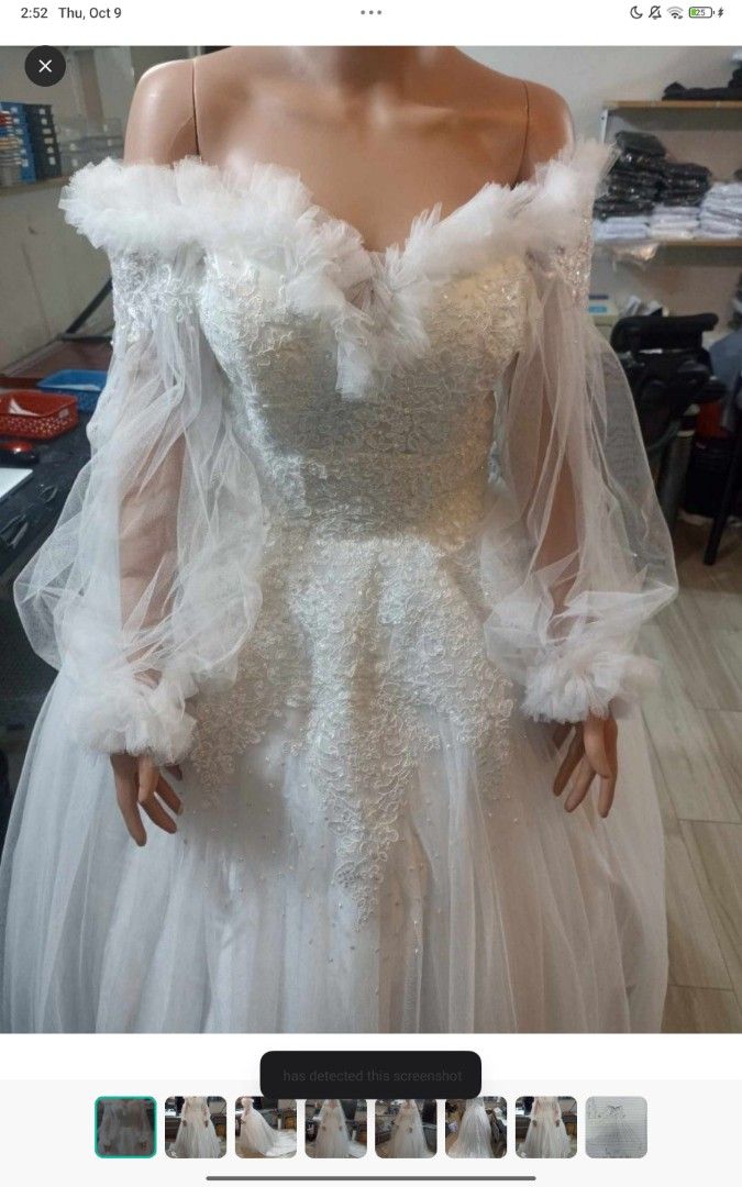 WEDDING GOWN: OFFSHOULDER BRANDNEW (Category: Evening dresses & gowns) located in Caloocan City. Submitted by Paperseed (Listing ID 1397281218, Image 2). Description: with complete accessories dm for inquiries presyong palugi hehehe divi made.