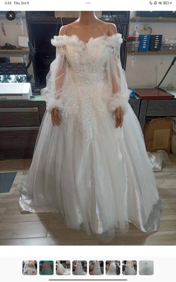 WEDDING GOWN: OFFSHOULDER BRANDNEW (Category: Evening dresses & gowns) located in Caloocan City. Submitted by Paperseed (Listing ID 1397281218, Image 1). Description: with complete accessories dm for inquiries presyong palugi hehehe divi made.