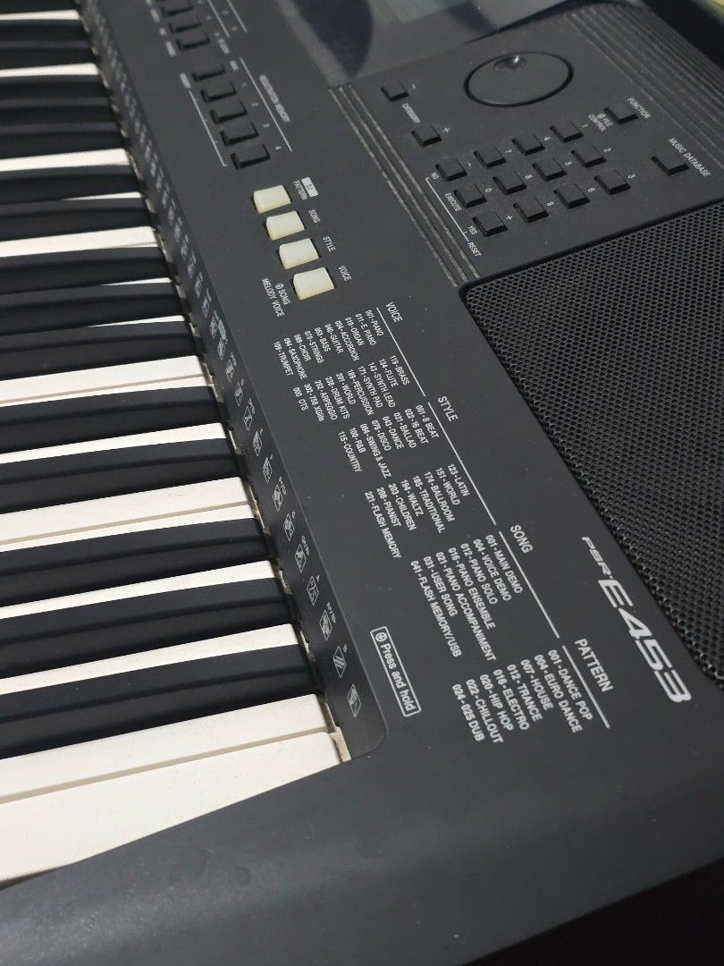 Yamaha PSR E453 Digital Keyboard (Category: Musical Instruments) located in Makati City. Submitted by milaned (Listing ID 1397221015, Image 2). Description: bought for 28k includes original box, music score stand, keyboard stand, and adaptor minor scratches on display screen - good for beginner and intermediate players, for music production - multiple styles and song options - track control and voice control features - includes patterns such as D