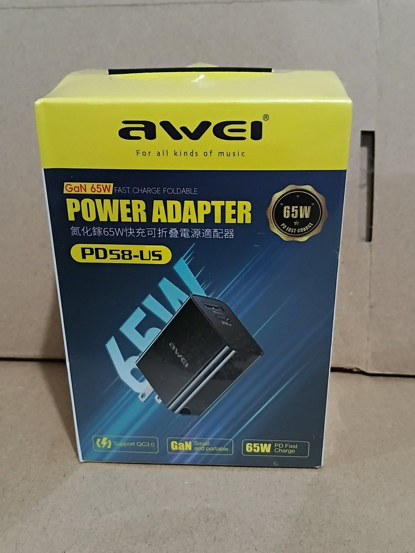 Awei 65W GaN Fast Charger PD58-US Foldable (Category: Chargers) located in Manila. Submitted by mxrx_ (Listing ID 1401626849, Image 1). Description: .