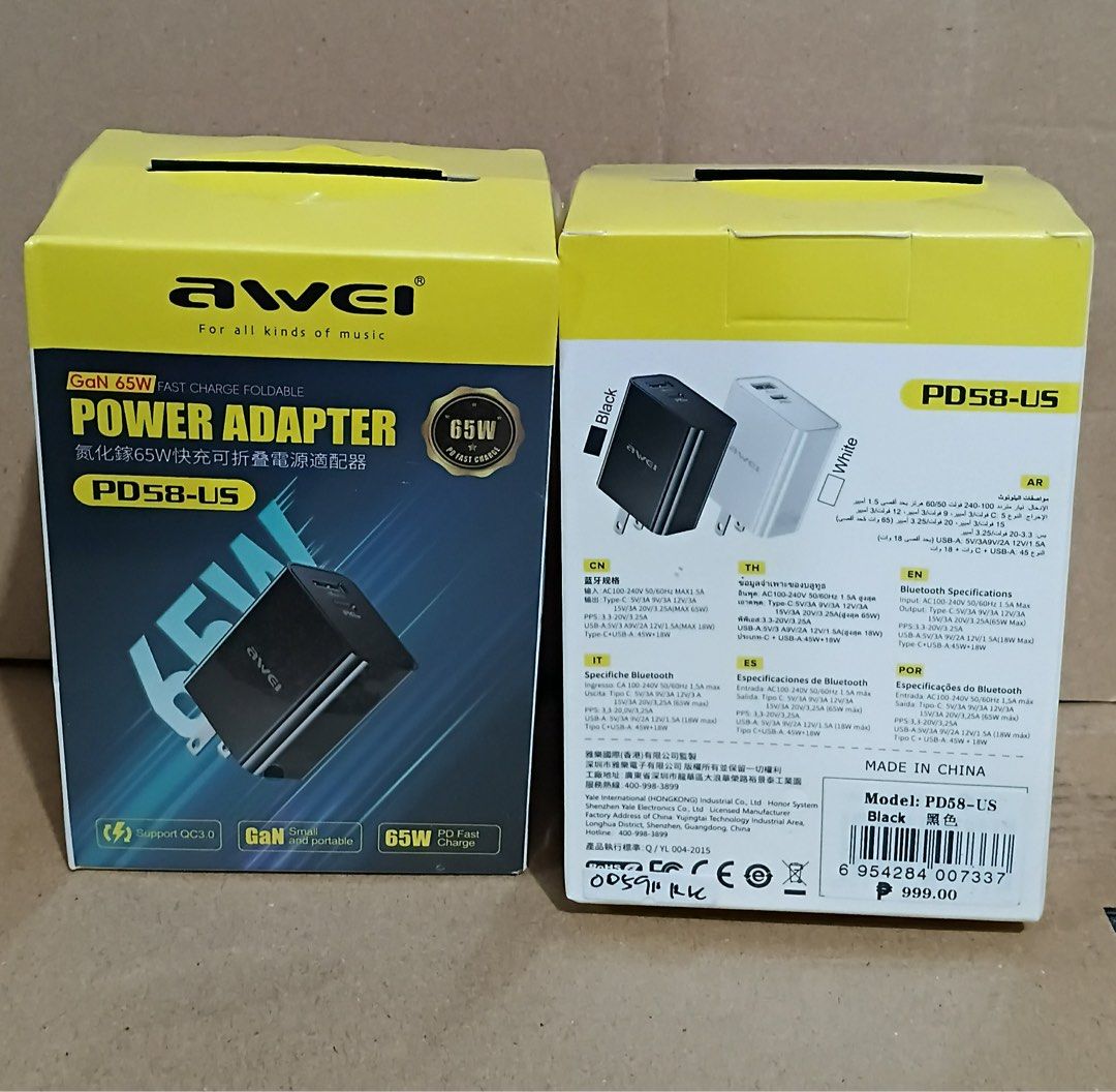 Awei 65W GaN Fast Charger PD58-US Foldable (Category: Chargers) located in Manila. Submitted by mxrx_ (Listing ID 1401626849, Image 2). Description: .