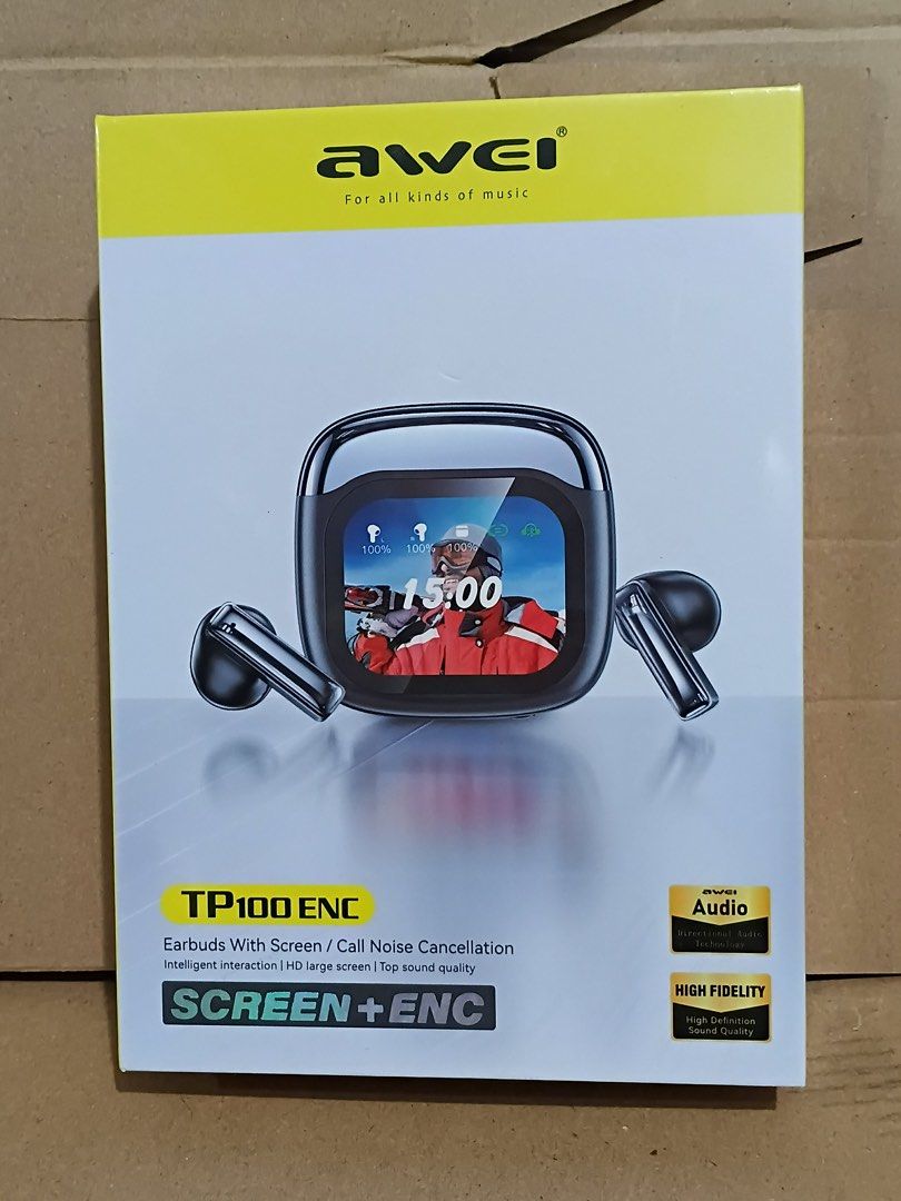 Awei TP100 Wireless ENC Earbuds with Screen Smart Touch (Category: Earphones) located in Manila. Submitted by mxrx_ (Listing ID 1401625973, Image 1). Description: - Awei TP100 ENC Earbuds - Features: - Screen - Call Noise Cancellation - Intelligent Interaction - High-Fidelity Audio - Color: Black - Includes: Earbuds and Charging Case.