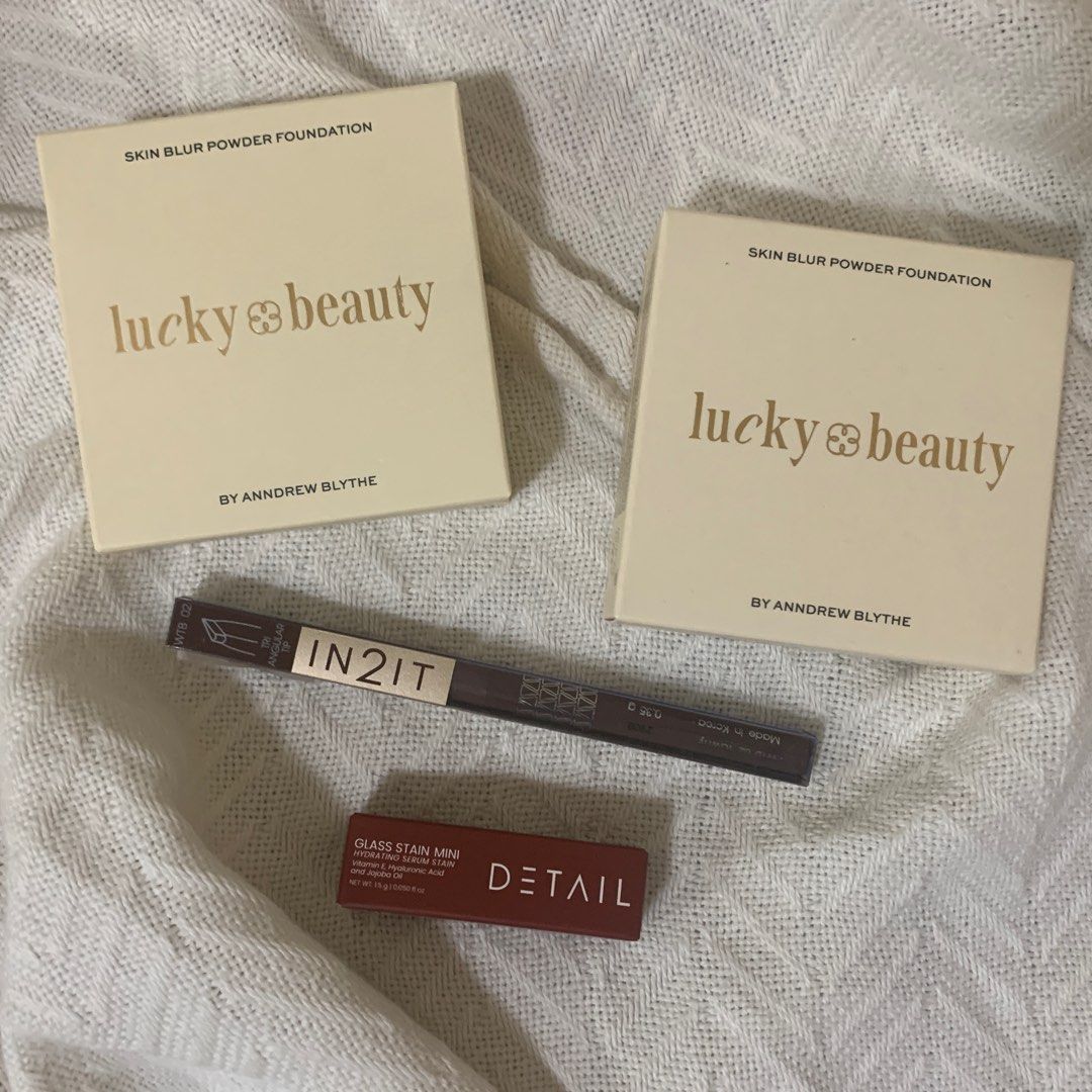 BRAND NEW SEALED makeup (Category: Makeup) located in Quezon City. Submitted by closet.decluttered (Listing ID 1401645651, Image 1). Description: Lucky Beauty Powder Foundation - 300 each (Original price: 499) IN2IT Tri-Angular Eyebrow Pencil - 250 (Original price: 419) DETAIL Lip Gloss - 100 (Original price: 199) .