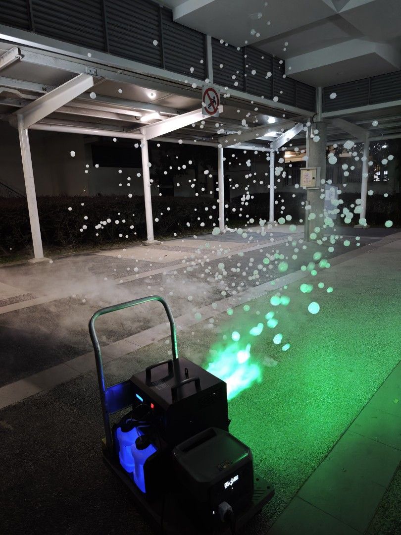 Bubbles + Smoke machine (Category: Interactive Toys) located in Singapore. Submitted by tys.services.sg (Listing ID 1401547021, Image 4). Description: Forget about the boring bubbles. We now have smoke + bubble machine for rent! Kids love them, poking at the bubbles and white smoke comes out. Wedding march in becomes stunning as translucent bubbles come alive with amazing LED lights. Rental price starts from $80 per day self collect and return wi