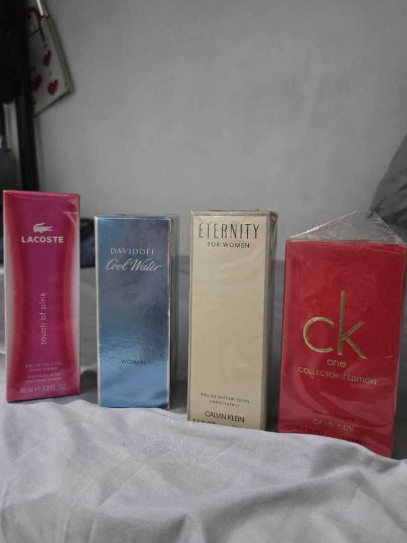 Calvin Klein, Davidoff, Lacoste Perfumes (Category: Fragrance & Deodorants) located in San Juan City. Submitted by preownedmnl04 (Listing ID 1401531300, Image 1). Description: Authentic Lacoste Pink- 3,300 Davidoff- 2,800 CK Eternity - 3,000 CK Red -2,900.