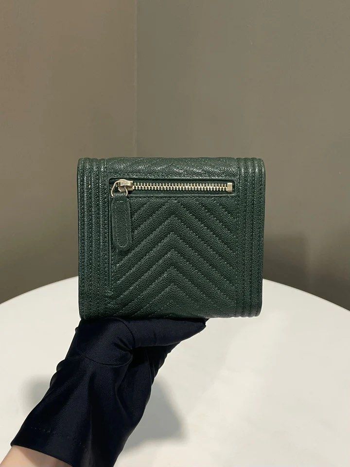 Chanel Chevron Boy Trifold Flap Wallet Green Caviar, Luxury, Bags