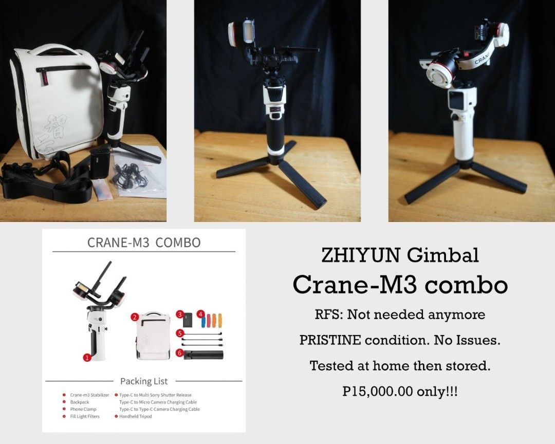 Crane M3 Gimbal Combo Kit Complete with Box (Category: Other Gadgets) located in Makati City. Submitted by HappyDeclutterer (Listing ID 1401586692, Image 2). Description: Crane M3 Combo Kit complete with all accessories and pristine box. Just opened to test and then stored. Never used, like new condition. Perfect for camera hobbyists or shoot professionals needing a small Gimbal for smartphones, small cameras, action cameras. Willing to meet up i