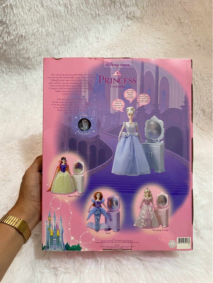 Disney Store Cinderella Talking Princess Doll (Category: Kids Toys) located in Quezon City. Submitted by mariamaharba7798 (Listing ID 1401694037, Image 2). Description: - Disney Store Cinderella talking doll - Includes vanity set - Brand new, in original packaging - Features a beautiful blue gown and blonde hair - Suitable for ages 3+ - Talking doll (as indicated on box).