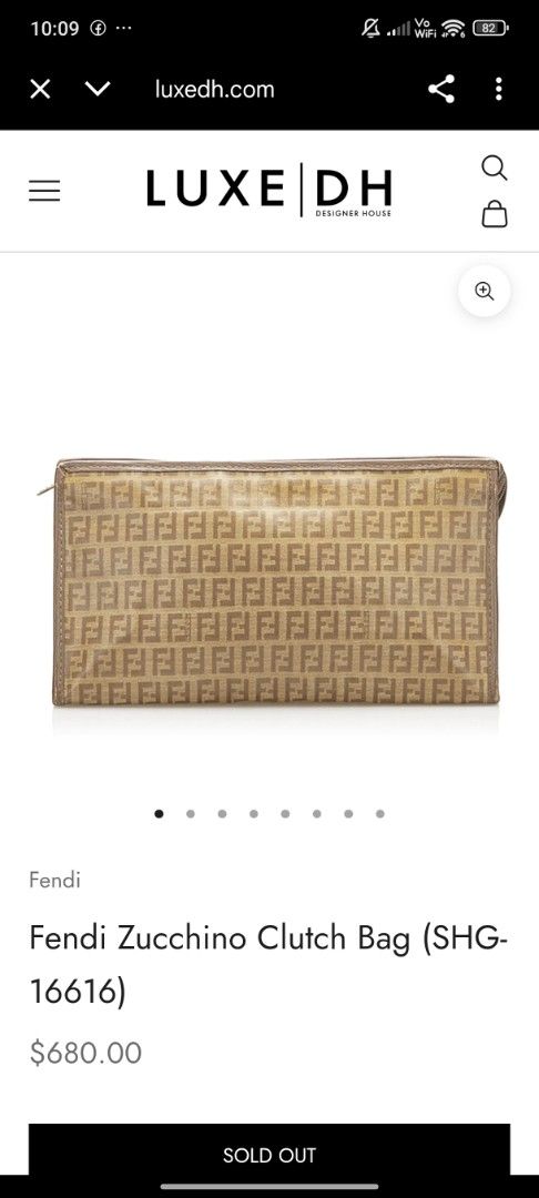 Fendi Zucchino Clutch Bag (Category: Luxury Bags & Wallets) located in Puerto Princesa. Submitted by lotsstuff (Listing ID 1401714607, Image 1). Description: Authentic Fendi Zucchino clutch bag. Features the iconic FF logo pattern. The bag has a zip closure and a wrist strap. The interior includes a pocket. Made in Italy..