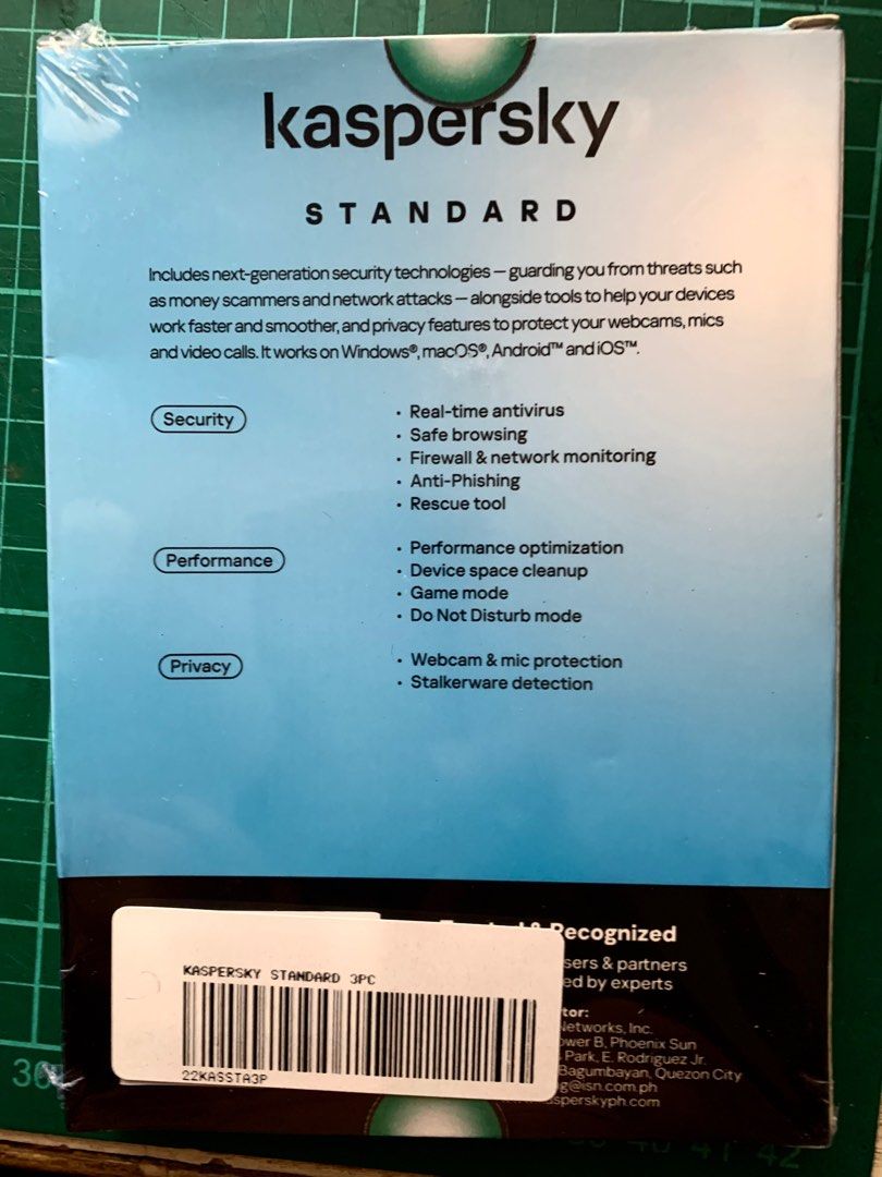 Kaspersky Standard 1 Device 1 Year Subscription (Category: Software) located in Muntinlupa City. Submitted by arisofcalico (Listing ID 1401650402, Image 2). Description: KASPERSKY STANDARD 2025 Antivirus Software Selling only for P500 Bought this software for three (3) PCs/devices. Used 2 for my laptops. I have 1 more available for 1 more PC or device Selling at lower price. P500 With original packaging and Validation Key & instruction sheet Curr