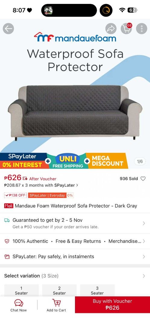 Mandaue Foam Waterproof Sofa Protector - Dark Gray (Category: Sofas) located in Makati City. Submitted by emil_ph_seller (Listing ID 1401565171, Image 1). Description: Selling (1 seater) We need was 2-seater. Opened only for fitting..