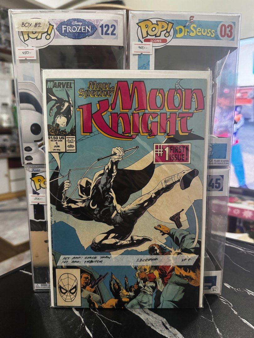 Marvel Moon Knight #1 First Issue Comic Book (Category: Comics & Manga) located in Pateros City. Submitted by lacasadekartonph (Listing ID 1401707635, Image 1). Description: - Moon Knight #1 comic book - Features Marc Spector - First issue - Includes Spider-Man logo.