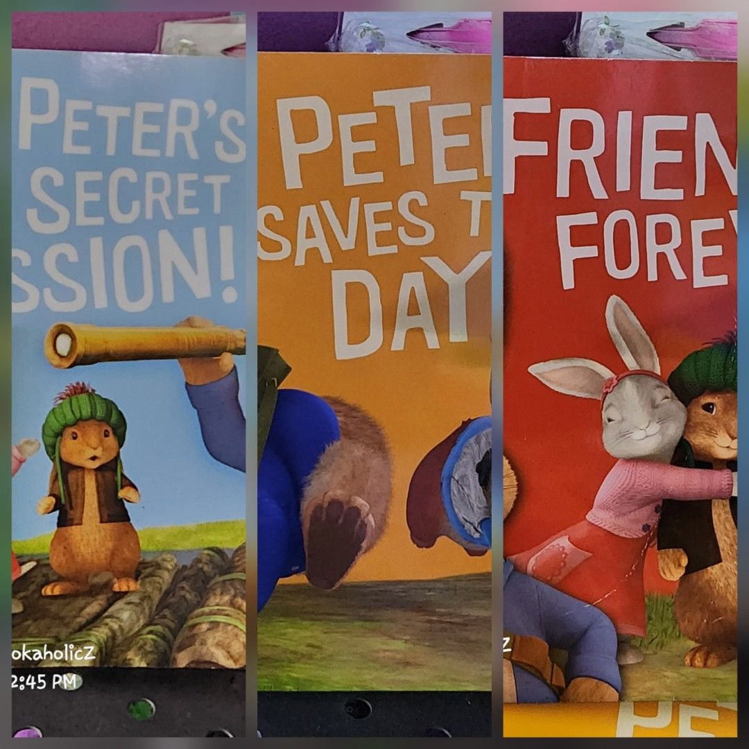 Peter Rabbit paperback Set (Category: Children's Books) located in Antipolo. Submitted by bookaholicz_dettori (Listing ID 1401594765, Image 1). Description: - 3 Peter Rabbit paperbacks included - Titles: "Peter's Secret Mission!", "Peter Saves the Day!", "Friends Forever!" - Features colorful illustrations - Based on the popular Peter Rabbit series - Ideal for young readers - Great for bedtime stories or reading time preloved, paperback MOP: GCas