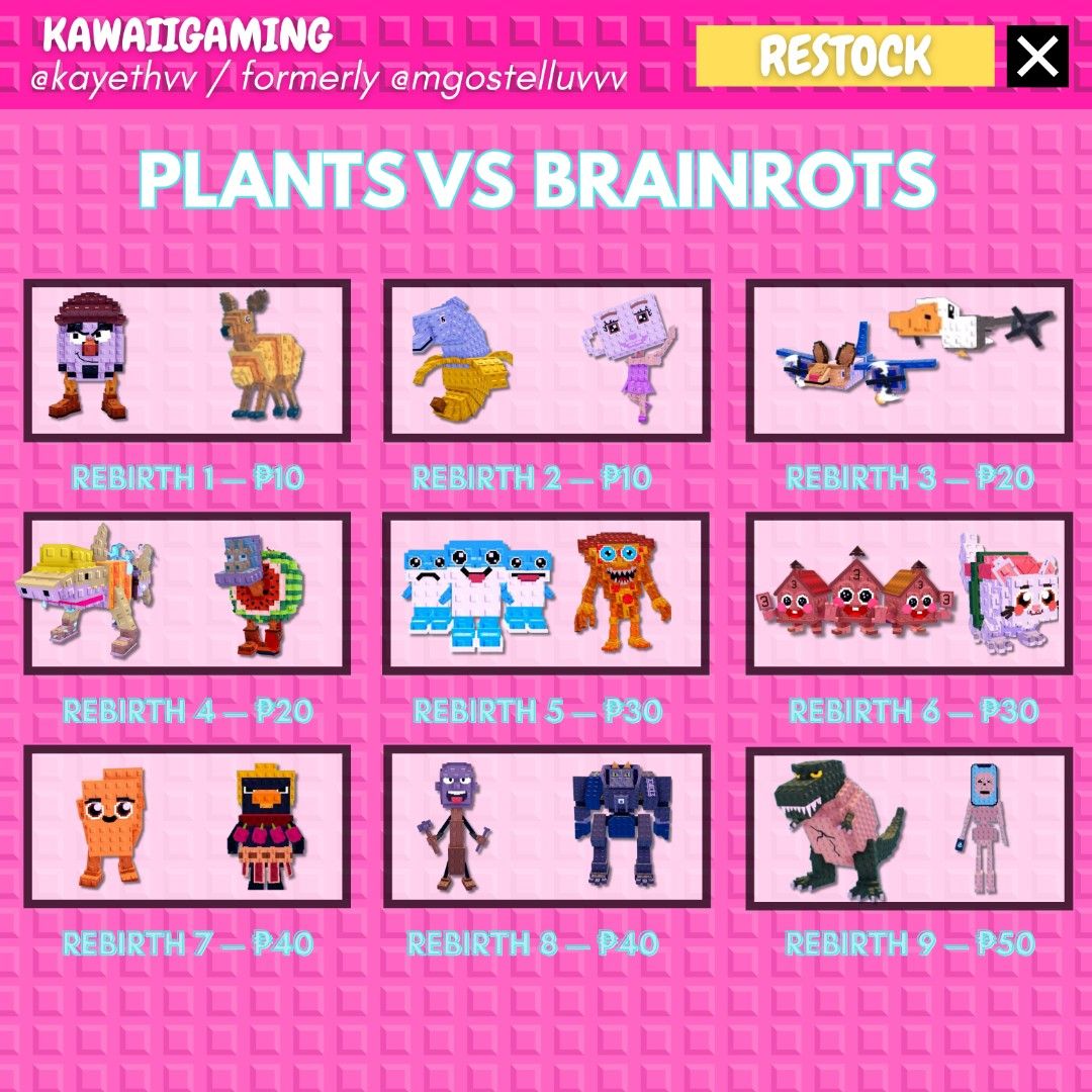 REBIRTH BUNDLE PLANTS VS BRAINROTS ROBLOX (Category: In-Game Products) located in Cavite. Submitted by kawaiigaming (Listing ID 1401562739, Image 1). Description: FS / SELLING PVB [ HIGH GAINS PER SECOND ] random godly — ₱2 random secret — ₱5 DM IF YOU'RE LOOKING FOR SOMETHING, MAYBE I HAVE IT 😊 [ PLANTS VS BRAINROTS ] 𐙚⋆.˚ kawaiigaming .ᐟ.ᐟ selling #growagarden pet & sheckles .ᐟ ♡ Always check my listings for more items. ♡ All brainrots / plan