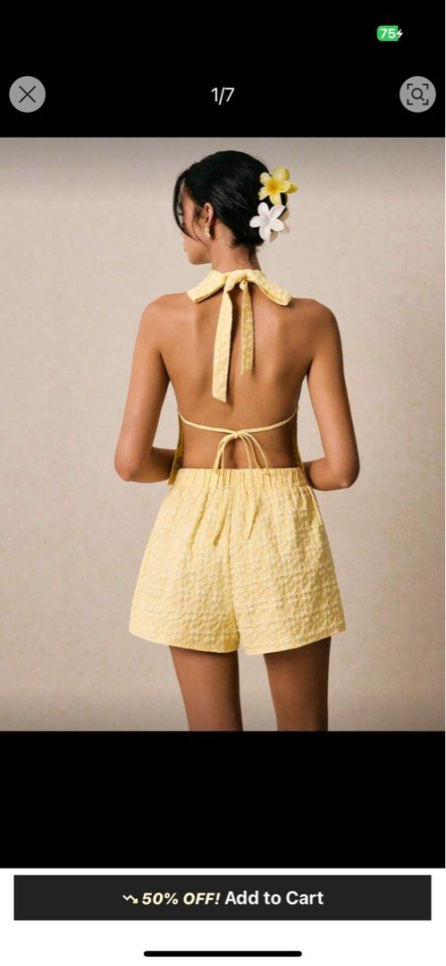 SHEIN Yellow Halter Top and Shorts Set (Category: Sets or Coordinates) located in Valenzuela. Submitted by mileymf0413 (Listing ID 1401548296, Image 2). Description: SHEIN Light Yellow Summer Coordinates (backless) used once. dm for when worn :).