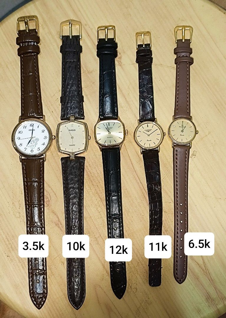 Vintage Gold Watches (Category: Women's Watches) located in Quezon City. Submitted by maeclosetph (Listing ID 1401640625, Image 1). Description: Collection of vintage gold watches with leather straps. Includes watches with white and gold faces. Prices range from 3.5k to 12k. Each watch has a unique design and strap color. Perfect for collectors or those looking for a classic timepiece..
