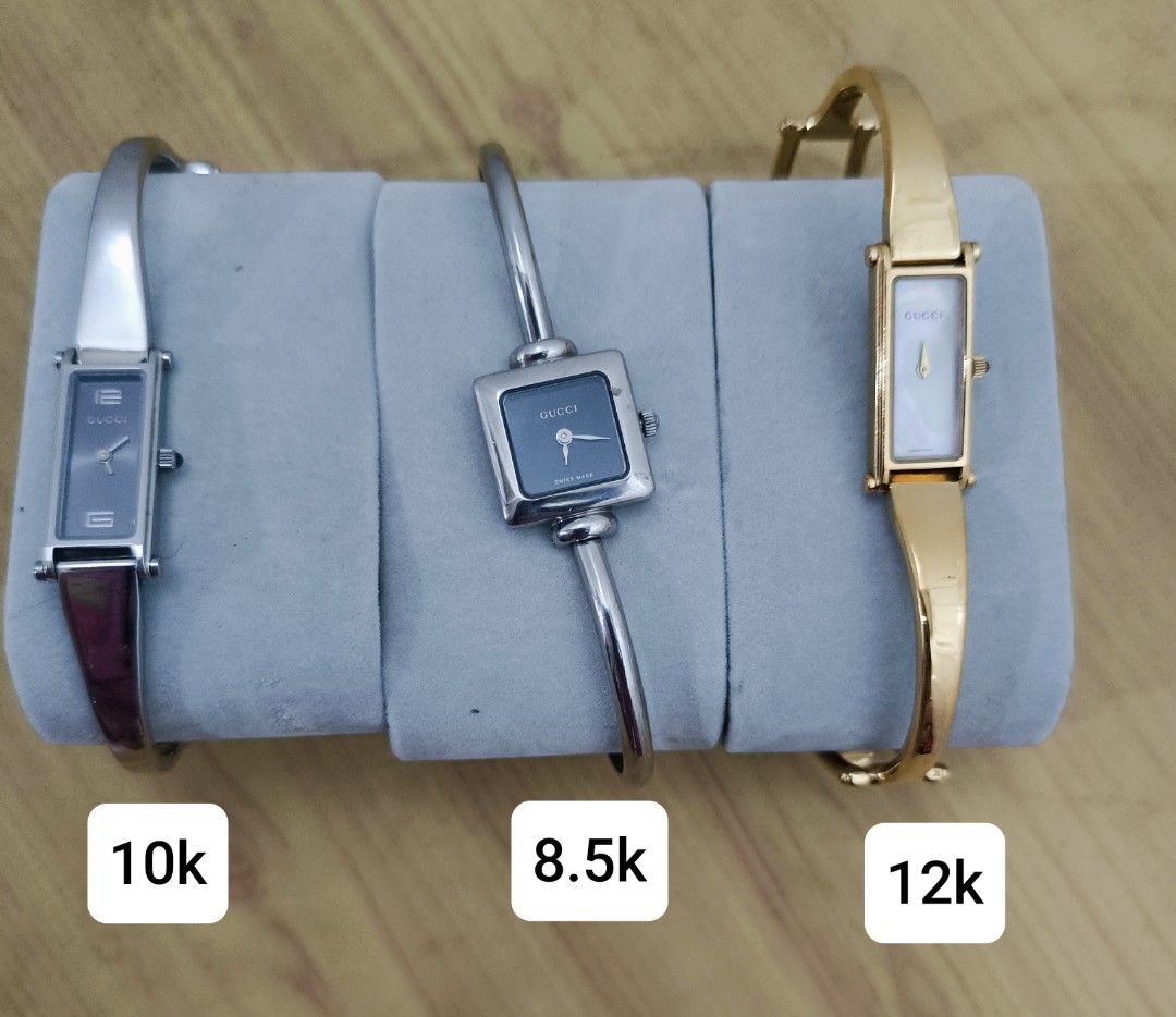 Vintage Gold Watches (Category: Women's Watches) located in Quezon City. Submitted by maeclosetph (Listing ID 1401640625, Image 2). Description: Collection of vintage gold watches with leather straps. Includes watches with white and gold faces. Prices range from 3.5k to 12k. Each watch has a unique design and strap color. Perfect for collectors or those looking for a classic timepiece..