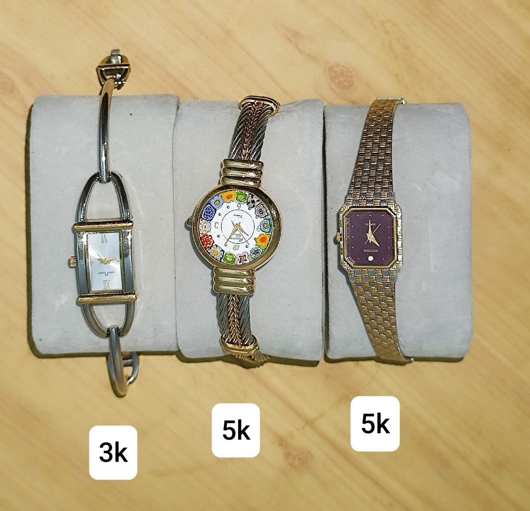 Vintage Gold Watches (Category: Women's Watches) located in Quezon City. Submitted by maeclosetph (Listing ID 1401640625, Image 3). Description: Collection of vintage gold watches with leather straps. Includes watches with white and gold faces. Prices range from 3.5k to 12k. Each watch has a unique design and strap color. Perfect for collectors or those looking for a classic timepiece..