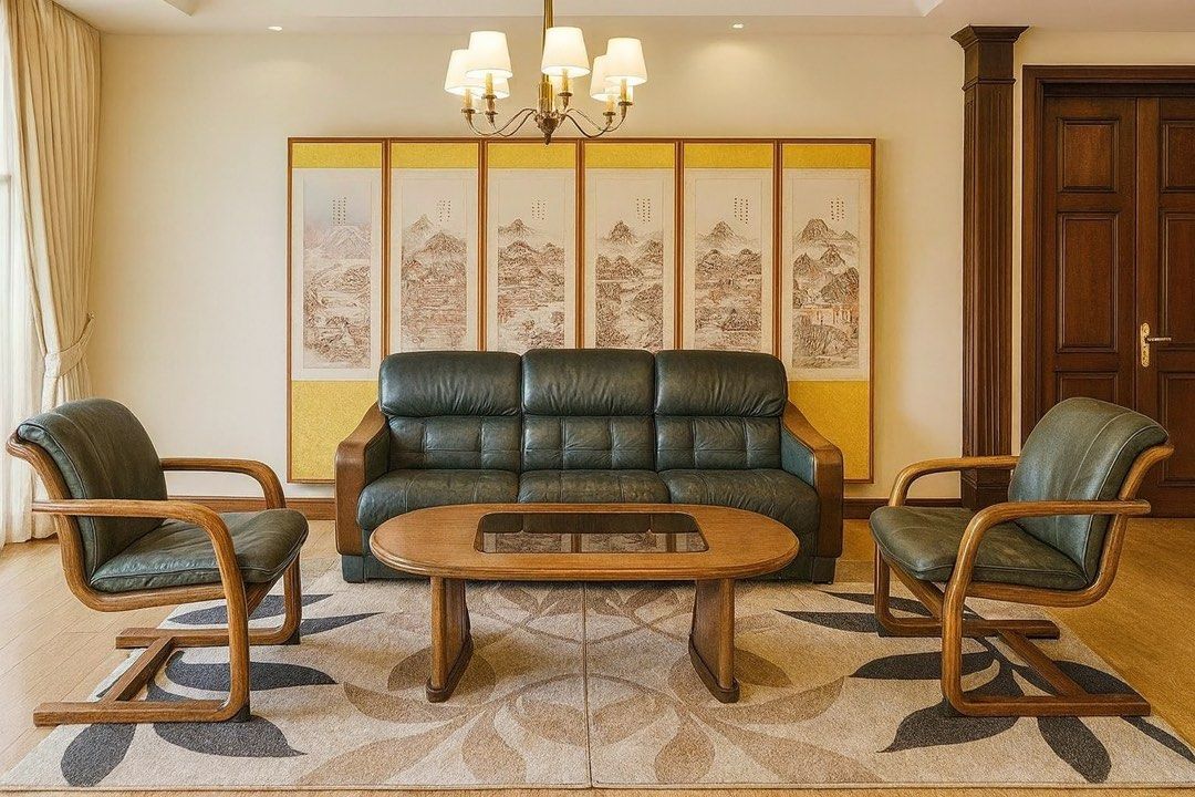 Vintage Leather Sofa Set (Category: Sofas) located in Angeles City. Submitted by maryannmar33098 (Listing ID 1401712658, Image 1). Description: Vintage sofa set includes a three-seater sofa, two armchairs, and a coffee table. The sofa and armchairs feature leather upholstery with wooden frames. The coffee table has a glass top. The set is placed on a patterned rug. This set is perfect for adding a touch of vintage charm to any living space..