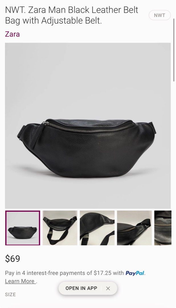 Zara Man Black Leather Belt Bag (Category: Belt bags, Clutches and Pouches) located in Marikina City. Submitted by snclr (Listing ID 1401680578, Image 1). Description: Zara Man Black Leather Belt Bag with Adjustable belt. Used once 10/10.