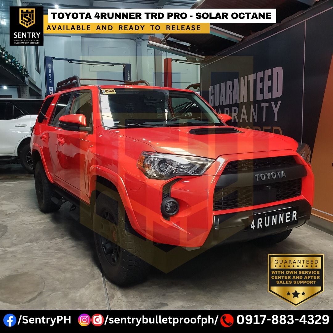 Toyota 4Runner TRD Pro 4X4 (Solar Octane) Auto (Category: New Cars) located in Quezon City. Submitted by sentrybulletproofph (Listing ID 1403243840, Image 3). Description: 𝗕𝗥𝗔𝗡𝗗 𝗡𝗘𝗪 Toyota 4Runner TRD PRO - SOLAR OCTANE ‼️ AVAILABLE AND READY TO RELEASE ‼️ 📲0917-883-4329 (GLOBE) - Specs: • 4.0L V6 Engine • 4WD • 5-Speed Automatic Transmission • Rear Differential Locking System • CRAWL Control System • Multi-Terrain Select System • 17 inc