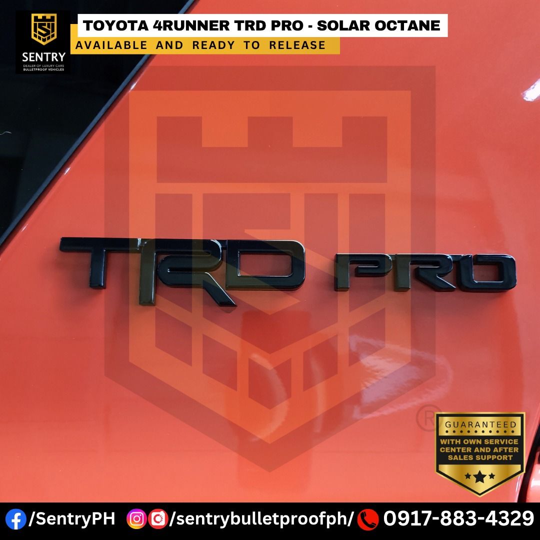 Toyota 4Runner TRD Pro 4X4 (Solar Octane) Auto (Category: New Cars) located in Quezon City. Submitted by sentrybulletproofph (Listing ID 1403243840, Image 2). Description: 𝗕𝗥𝗔𝗡𝗗 𝗡𝗘𝗪 Toyota 4Runner TRD PRO - SOLAR OCTANE ‼️ AVAILABLE AND READY TO RELEASE ‼️ 📲0917-883-4329 (GLOBE) - Specs: • 4.0L V6 Engine • 4WD • 5-Speed Automatic Transmission • Rear Differential Locking System • CRAWL Control System • Multi-Terrain Select System • 17 inc