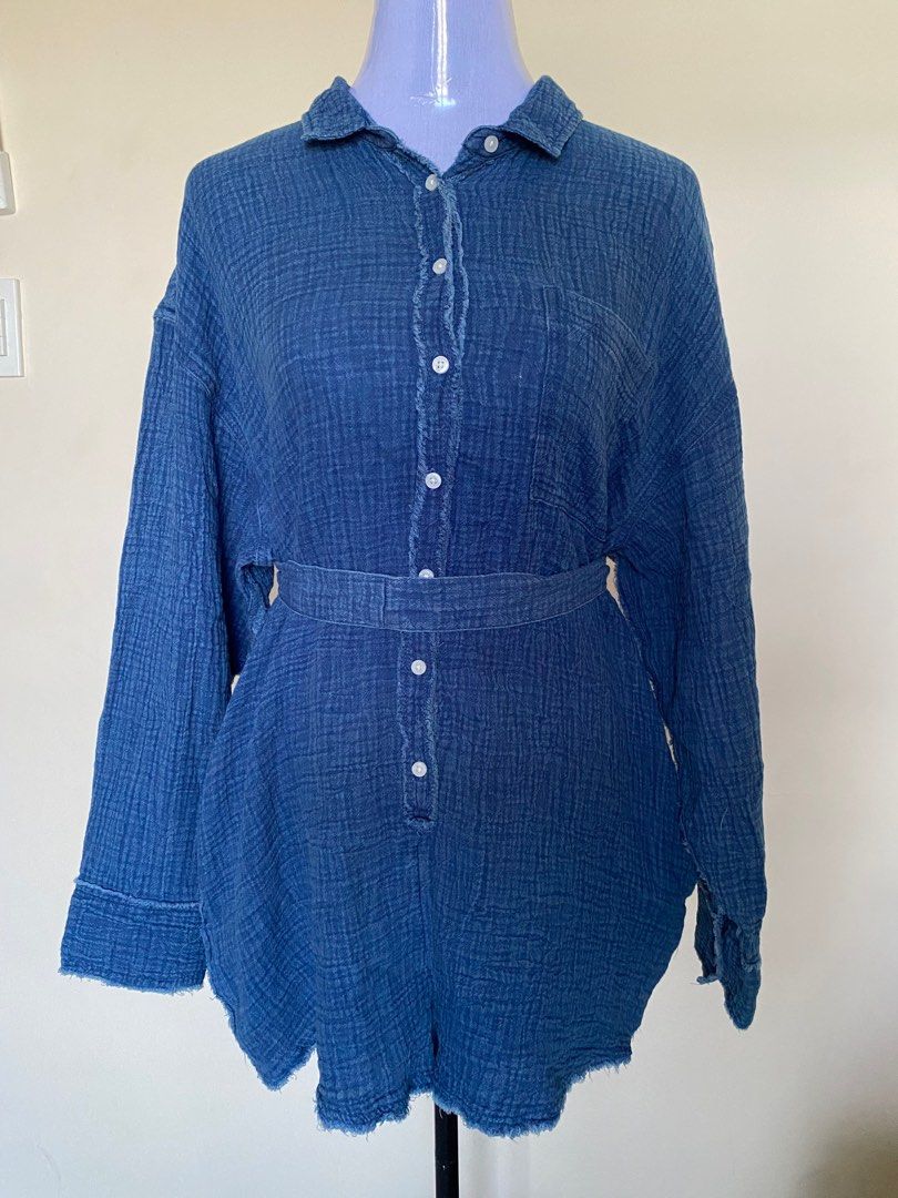 Aerie Blue Romper with Belt (Category: Rompers) located in Cavite. Submitted by piawurtzface (Listing ID 1403328798, Image 1). Description: Aerie romper features a collared neckline, long sleeves, and a button-down front. It includes a matching belt to cinch the waist. It has a small pocket on the chest..