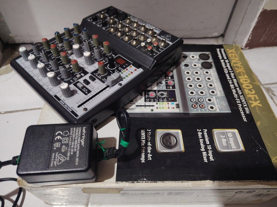 Behringer Xenyx 1002fx audio mixer (Category: Other Audio Equipment) located in Caloocan City. Submitted by lookingsomething (Listing ID 1403397086, Image 3). Description: Premium ultra-low noise, high headroom analog mixer 2 state-of-the-art XENYX Mic Preamps comparable to stand-alone boutique preamps Neo-classic "British" 3-band EQs for warm and crisp musical sound Studio-grade stereo FX processor with 100 awesome presets including reverb, chor
