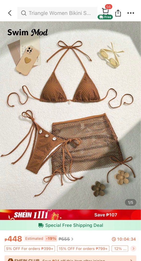 Brown Crochet Bikini Set with Cover Up (Category: Bikinis & Swimsuits) located in Manila. Submitted by an.declutter (Listing ID 1401153602, Image 1). Description: SHEIN SWIMWEAR BIKINI SET - Triangle top with adjustable ties - Tie-side bottoms for a customizable fit - Textured fabric Rfs: Worn once only (washed & sanitized) 📍 Location: Sta. Mesa, Manila ✨ Size: XS - Semi Medium 💸 MOP: GCash or COD (+₱20) 📦 Courier: J&T (shipping fee starts at 