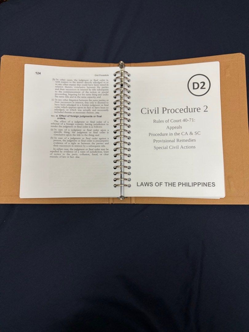CIVIL PROCEDURE CODAL NOTEBOOK (Category: Textbooks) located in Manila. Submitted by pm11925 (Listing ID 1403317942, Image 3). Description: - CIVIL PROCEDURE CODAL NOTEBOOK - Covers Rules of Court 1-71 - Includes General Provisions, Ordinary Civil Actions, Appeals, and more - Spiral bound for easy flipping - Durable cover - Ideal for law students and reviewees - Meetup locations in Caloocan City.