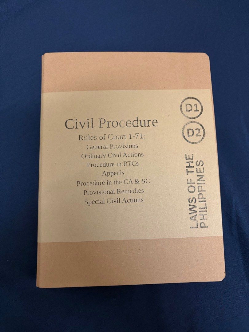 CIVIL PROCEDURE CODAL NOTEBOOK (Category: Textbooks) located in Manila. Submitted by pm11925 (Listing ID 1403317942, Image 1). Description: - CIVIL PROCEDURE CODAL NOTEBOOK - Covers Rules of Court 1-71 - Includes General Provisions, Ordinary Civil Actions, Appeals, and more - Spiral bound for easy flipping - Durable cover - Ideal for law students and reviewees - Meetup locations in Caloocan City.