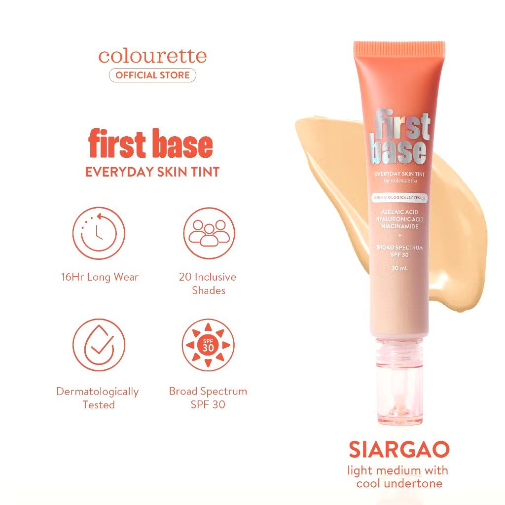 Colourette First Base Everyday Skin Tint SPF30 (Category: Makeup) located in Quezon City. Submitted by cssybrgn_ (Listing ID 1403246774, Image 1). Description: BRAND NEW‼️ (300 pesos each) [Full Size - 30ml] SRP: 599 Available Shades: [see photos for reference] - Siargao ❌ Talisay ❌ Coron * This skin tint tint provides medium to full (buildable) coverage that's perfect for everyday use. This is also lightweight and has a demi matte finish. Feel f