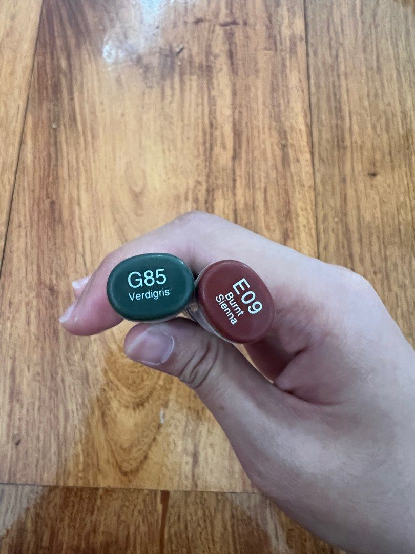 Copic Markers: G85 Verdigris and E09 Burnt Sienna (Category: Craft Supplies & Tools) located in Paranaque City. Submitted by ellies.corner (Listing ID 1403304032, Image 1). Description: - Copic Markers - Colors: G85 Verdigris, E09 Burnt Sienna - Condition: Good, still has ink and not dry.