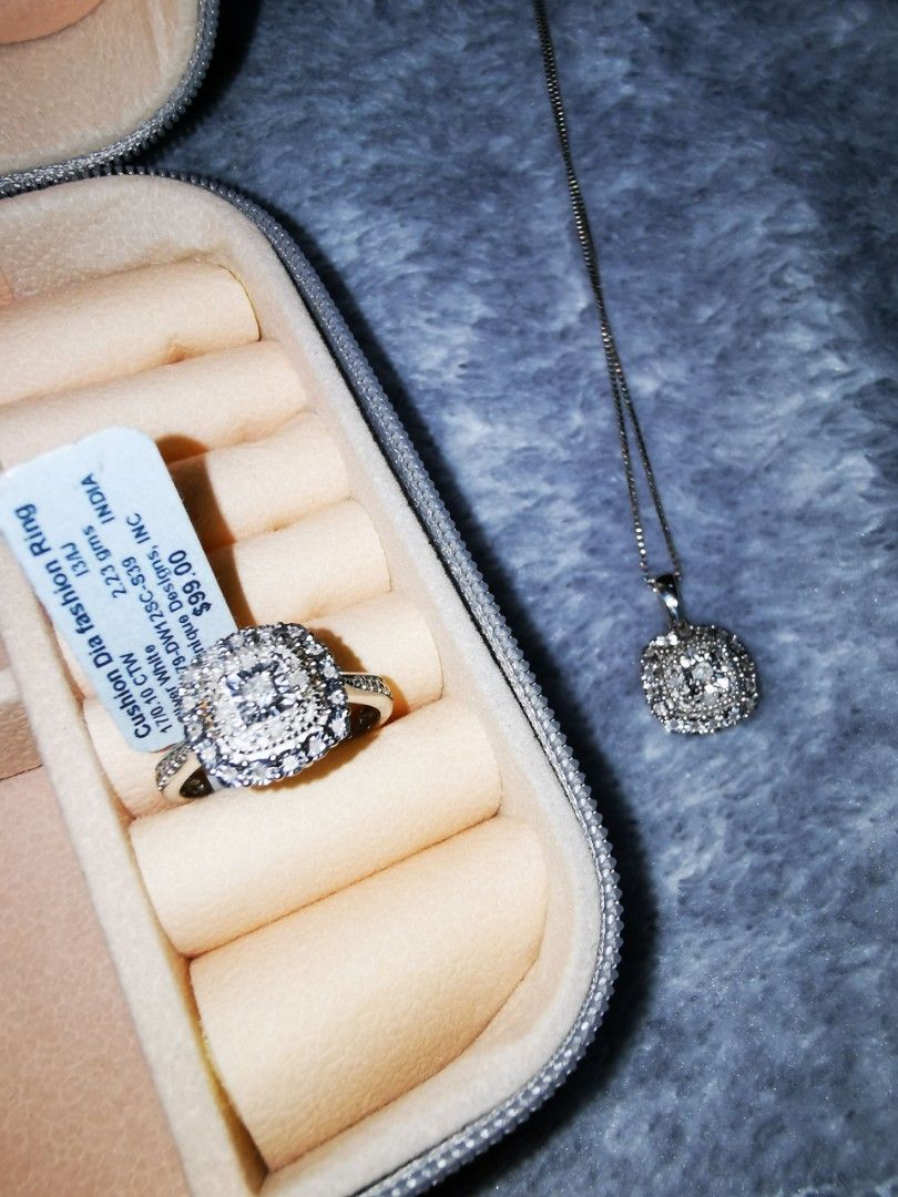 Cushion Diamond Silver Set (Ring Necklace) (Category: Necklaces) located in Pasig City. Submitted by puggable (Listing ID 1403414859, Image 3). Description: New / Kept Unused / With Tags Unique Design Inc Cushion Diamond Silver Set (Ring & Necklace) Made in India Bought in US I think these are lab grown **Decluttering**.