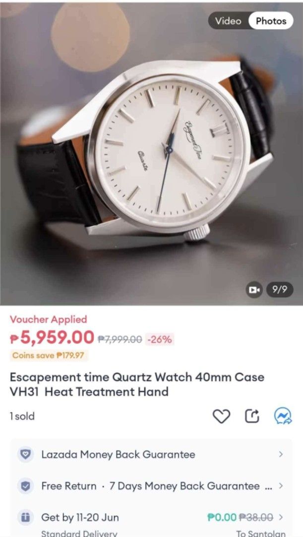 Escapement Time Sapphire Glass Quartz VH31 (Category: Men's Watches) located in Malabon City. Submitted by daywalker14 (Listing ID 1403271202, Image 1). Description: Forsale Only Escapement Time Sapphire Glass for only P3,699 Bought it for P 6k + Condition *9.5/10 *Used twice only *With plastic pa yung back cover Inclusion *Watch with genuine leather strap *Box Specs *40mm case *20mm strap *Seiko VH31 quartz movement (sweep like automatic) *Sapph