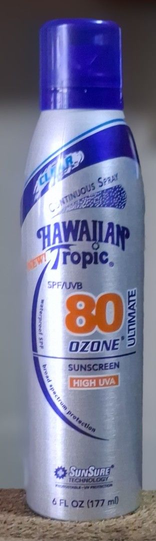 Hawaiian Tropic Ozone 80 SPF/UVB Sunscreen (Category: Face Care) located in Makati City. Submitted by miracleanne (Listing ID 1403273948, Image 2). Description: Hawaiian Tropic Ozone 80 SPF sunscreen. Continuous spray, broad spectrum, waterproof. 6 fl oz. New! Hawaiian Tropic has added to its Ozone lin with a sunscreen spray that offers an SPF of 80. Ozone Ultimate Continuous Clear Spray SPF 80 Ultimate Sun Protection is said to protect consumers