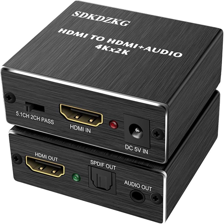 HDMI to HDMI + Audio Converter 4Kx2K (Category: Cables & Adaptors) located in Quezon City. Submitted by jmbarros (Listing ID 1403287570, Image 1). Description: HDMI converter supports HDMI to HDMI and audio output. It features an HDMI input and output, SPDIF out, and audio out. It also has a 5.1CH/2CH pass switch and a DC 5V input. The device is labeled with the brand SDKDZKG and supports 4Kx2K resolution..