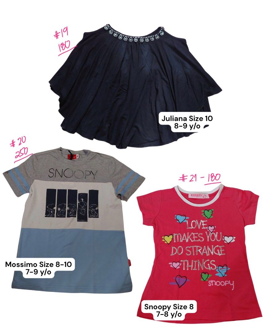 Kids Blouse, Polo, and Shirts (Diff tops in one post) (Category: Babies & Kids Fashion) located in Quezon City. Submitted by _ysxh (Listing ID 1403365357, Image 1). Description: ‼️ Price indicated in the photo of each top - Assortment of kids' tops: blouses, polos, and shirts. - Brands: Juliana, Mossimo, Snoopy, Topolino, B/Tweeners, and Justees. - Sizes: - Juliana: Size 10 (8-9 y/o) - Mossimo: Size 8-10 (7-9 y/o) - Snoopy: Size 8 (7-8 y/o) - Top