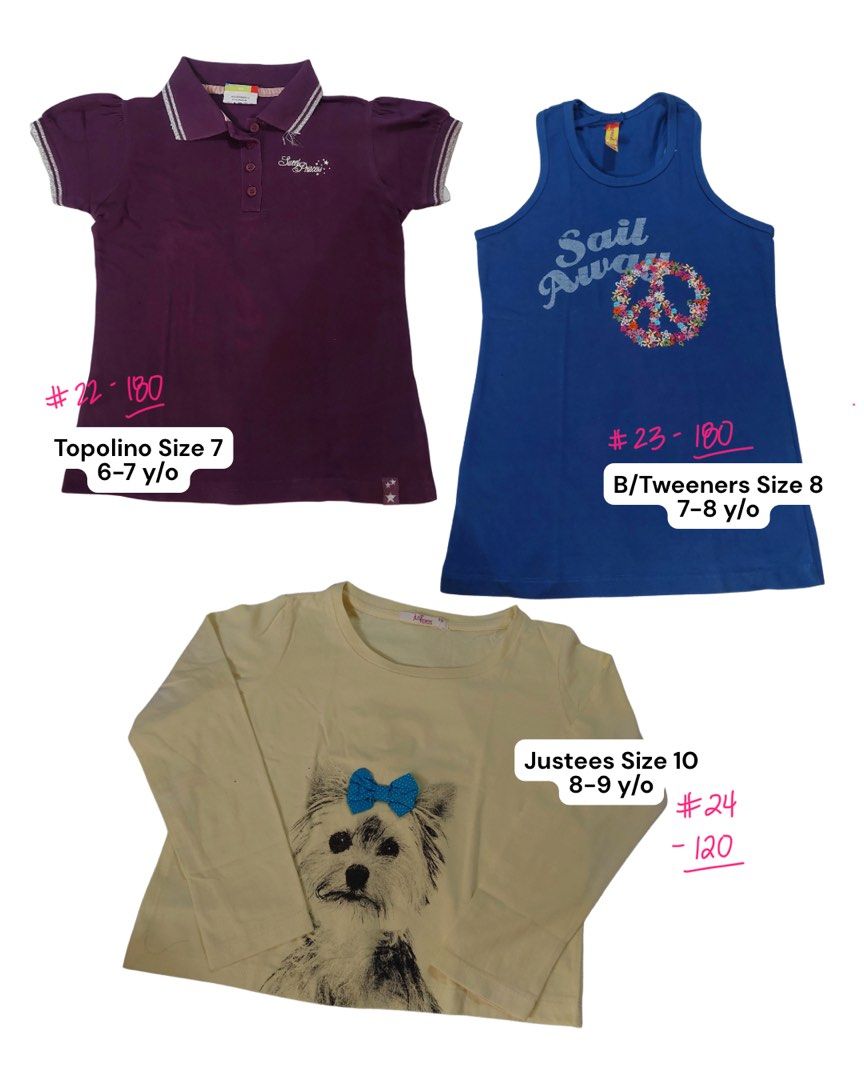 Kids Blouse, Polo, and Shirts (Diff tops in one post) (Category: Babies & Kids Fashion) located in Quezon City. Submitted by _ysxh (Listing ID 1403365357, Image 2). Description: ‼️ Price indicated in the photo of each top - Assortment of kids' tops: blouses, polos, and shirts. - Brands: Juliana, Mossimo, Snoopy, Topolino, B/Tweeners, and Justees. - Sizes: - Juliana: Size 10 (8-9 y/o) - Mossimo: Size 8-10 (7-9 y/o) - Snoopy: Size 8 (7-8 y/o) - Top