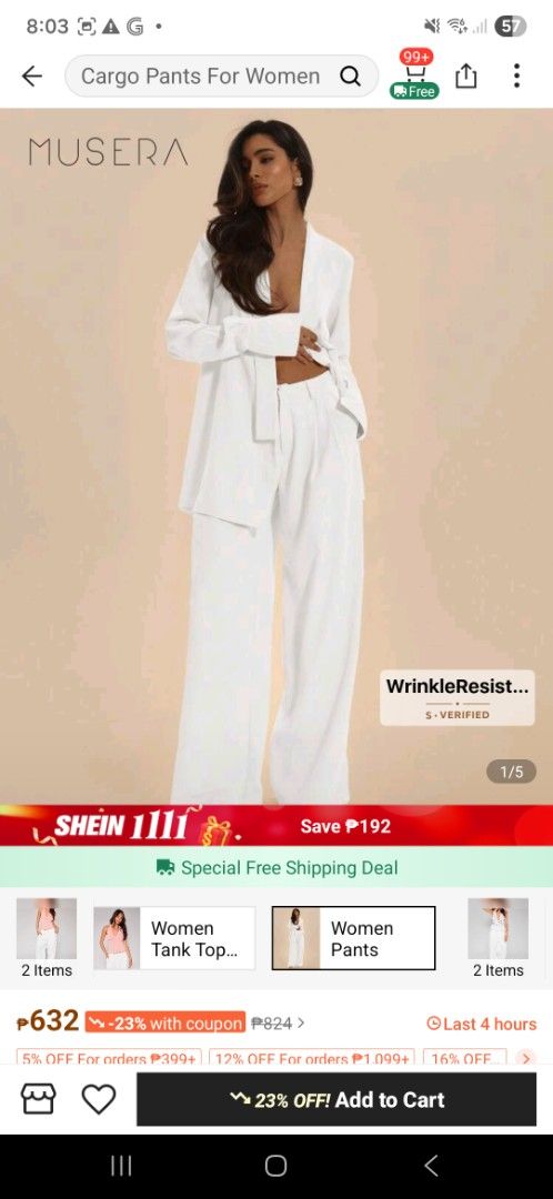 Musera White Blazer and Wide Leg Pants Set (Category: Sets or Coordinates) located in Pasig City. Submitted by rosedc (Listing ID 1403355787, Image 3). Description: - Musera white blazer and wide-leg pants set. - Blazer features a draped design and long sleeves. - Pants have a relaxed fit. - Wrinkle-resistant fabric. - Perfect for travel or everyday wear. - Creates a chic and sophisticated look..