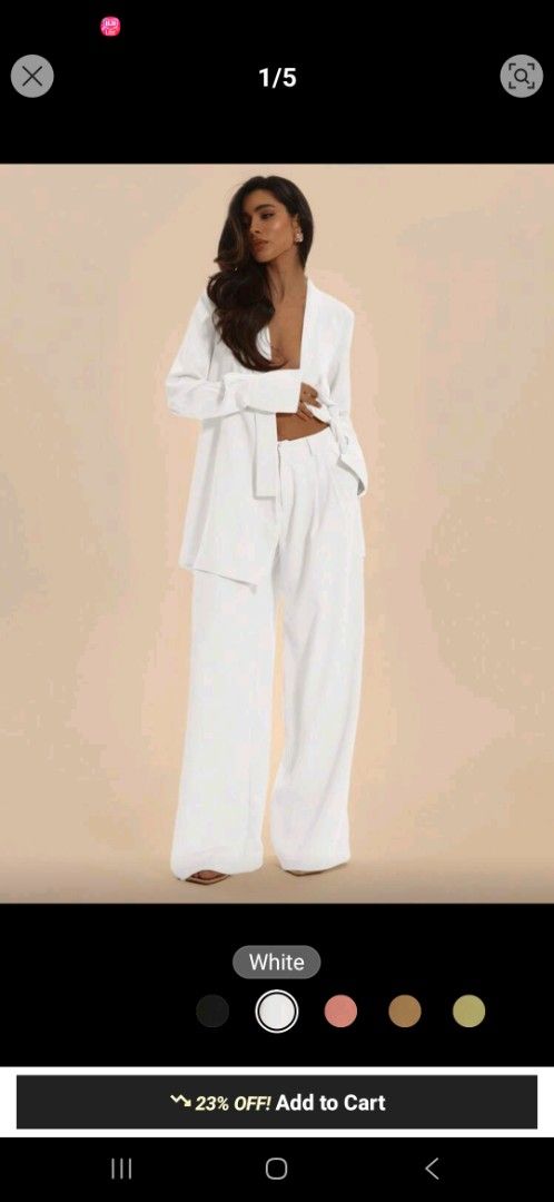 Musera White Blazer and Wide Leg Pants Set (Category: Sets or Coordinates) located in Pasig City. Submitted by rosedc (Listing ID 1403355787, Image 1). Description: - Musera white blazer and wide-leg pants set. - Blazer features a draped design and long sleeves. - Pants have a relaxed fit. - Wrinkle-resistant fabric. - Perfect for travel or everyday wear. - Creates a chic and sophisticated look..