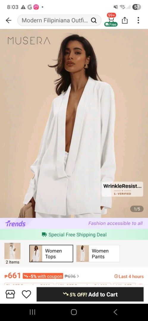 Musera White Blazer and Wide Leg Pants Set (Category: Sets or Coordinates) located in Pasig City. Submitted by rosedc (Listing ID 1403355787, Image 2). Description: - Musera white blazer and wide-leg pants set. - Blazer features a draped design and long sleeves. - Pants have a relaxed fit. - Wrinkle-resistant fabric. - Perfect for travel or everyday wear. - Creates a chic and sophisticated look..