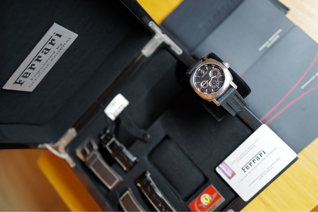 Panerai X Ferrari Perpetual Calendar Limited Edition Steel FER00015 (Category: Watches) located in Singapore. Submitted by watch.estate (Listing ID 1403347633, Image 2). Description: *Rare Perpetual Calendar Panerai Limited 247pcs* Condition 9+/10 Excellent condition with brand new black Ferrari rubber strap. - Early perpetual calendar complication - Rare Ferrari collaboration - Year 2010 - Special cushion case developed just for Ferrari - Limite